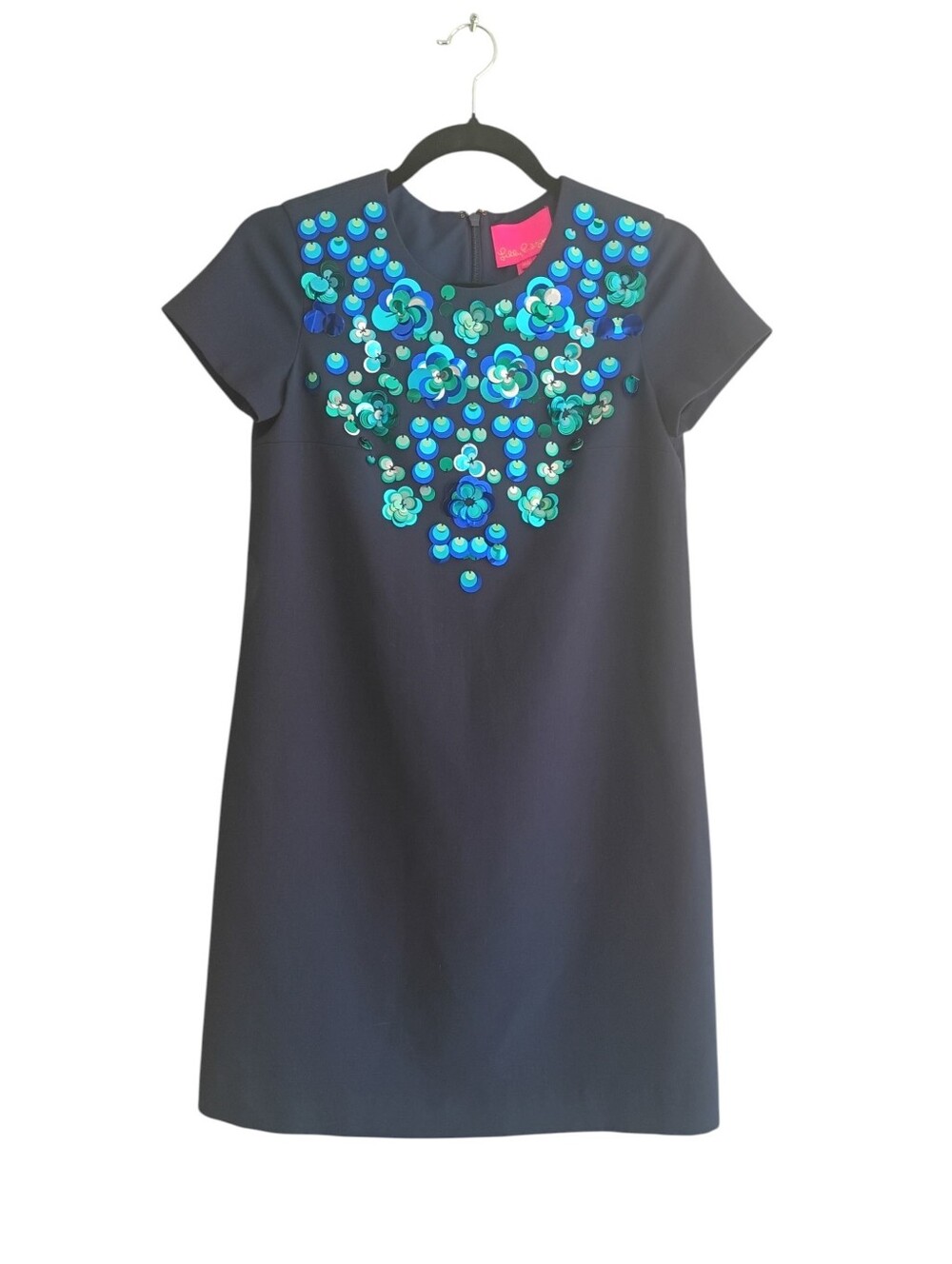 Lilly Pulitzer Navy Shift Dress with Turquoise + Teal Sequin Floral Neckline - Picture 2 of 8